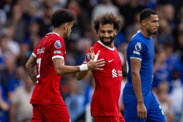  Liverpool's Mohamed Salah (R) celebrates a goal with team-mate Luis Díaz, but it is later disallowed for off-side following a VAR review, during the FA Premier League match between Chelsea FC and Liverpool FC at Stamford Bridge. The game ended in a 1-1 draw. (Pic by David Rawcliffe/Propaganda)