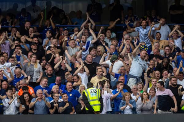 LONDON, ENGLAND - Sunday, August 13, 2023: Chelsea supporters celebrate during the FA Premier League match between Chelsea FC and Liverpool FC at Stamford Bridge. The game ended in a 1-1 draw. (Pic by David Rawcliffe/Propaganda)