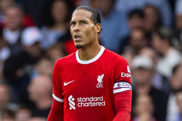 LONDON, ENGLAND - Sunday, August 13, 2023: Liverpool's captain Virgil van Dijk (R) and goalkeeper Alisson Becker look dejected as Chelsea score a second goal, before it was disallowed following a VAR review, during the FA Premier League match between Chelsea FC and Liverpool FC at Stamford Bridge. The game ended in a 1-1 draw. (Pic by David Rawcliffe/Propaganda)