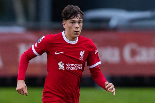 LIVERPOOL, ENGLAND - Monday, August 14, 2023: Liverpool's Luke Chambers during the Premier League 2 Division 1 match between Liverpool FC Under-21's and Everton FC Under-21's, the Mini-Merseyside Derby, at the Liverpool Academy. (Pic by Jessica Hornby/Propaganda)