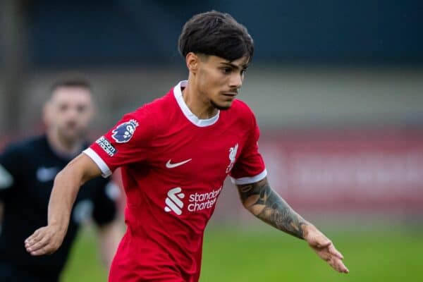 LIVERPOOL, ENGLAND - Monday, August 14, 2023: Liverpool's Oakley Cannonier during the Premier League 2 Division 1 match between Liverpool FC Under-21's and Everton FC Under-21's, the Mini-Merseyside Derby, at the Liverpool Academy. (Pic by Jessica Hornby/Propaganda)