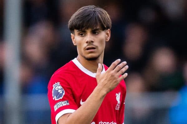 LIVERPOOL, ENGLAND - Monday, August 14, 2023: Liverpool's Oakley Cannonier reacts during the Premier League 2 Division 1 match between Liverpool FC Under-21's and Everton FC Under-21's, the Mini-Merseyside Derby, at the Liverpool Academy. (Pic by Jessica Hornby/Propaganda)