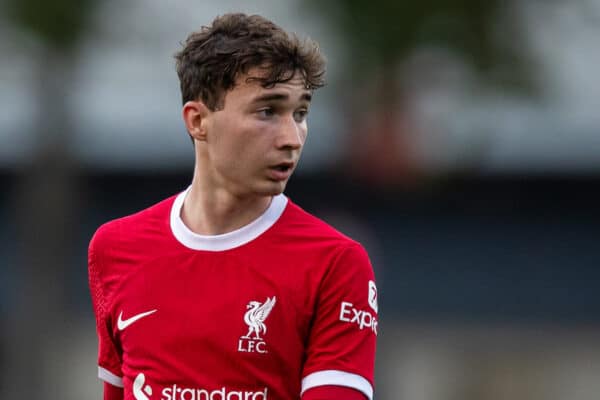 LIVERPOOL, ENGLAND - Monday, August 14, 2023: Liverpool's Mateusz Musialowski looks on during the Premier League 2 Division 1 match between Liverpool FC Under-21's and Everton FC Under-21's, the Mini-Merseyside Derby, at the Liverpool Academy. (Pic by Jessica Hornby/Propaganda)