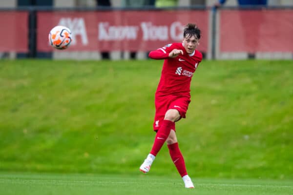 LIVERPOOL, ENGLAND - Monday, August 14, 2023: Liverpool's Luke Chambers during the Premier League 2 Division 1 match between Liverpool FC Under-21's and Everton FC Under-21's, the Mini-Merseyside Derby, at the Liverpool Academy. (Pic by Jessica Hornby/Propaganda)