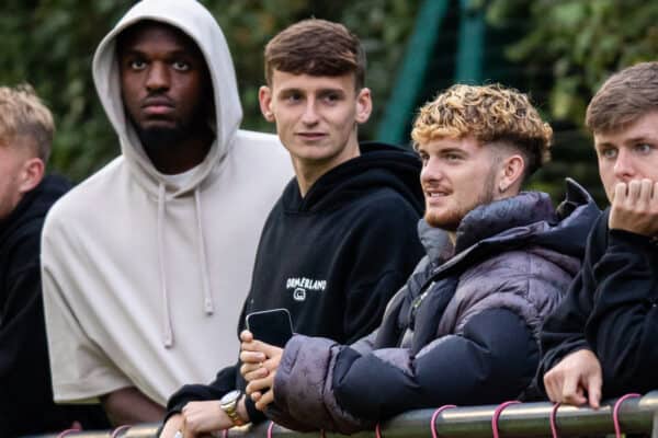 LIVERPOOL, ENGLAND - Monday, August 14, 2023: (L-R): Liverpool's Luke Hewitson, Billy Koumetio, Tyler Morton, Harvey Elliott, Ben Doak and Conor Bradley watch on during the Premier League 2 Division 1 match between Liverpool FC Under-21's and Everton FC Under-21's, the Mini-Merseyside Derby, at the Liverpool Academy. (Pic by Jessica Hornby/Propaganda)