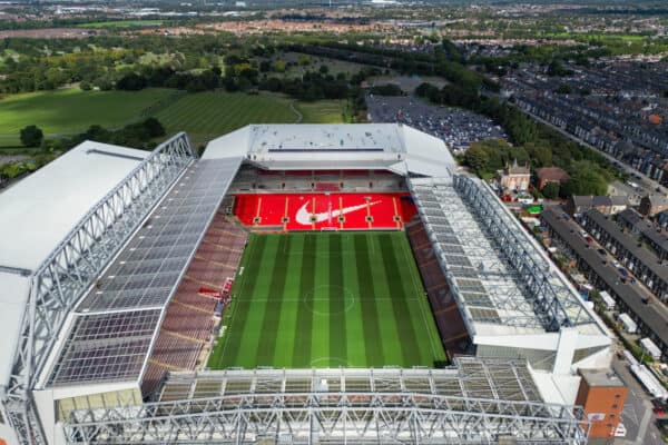 LIVERPOOL, ENGLAND - Wednesday, August 16, 2023: An aerial view of Anfield, the home stadium of Liverpool Football Club, showing the ongoing construction of the new Anfield Road expansion. The redevelopment of the stand will see 7,000 more seats added taking Anfield's overall capacity to more than 61,000. The development has been delayed until October. The club has also just been granted a Safe Standing Licence for the 2023-24 season following an application to the Sports Ground Safety Authority (SGSA) earlier this year. (Pic by David Rawcliffe/Propaganda)