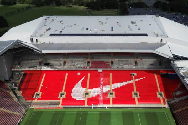 LIVERPOOL, ENGLAND - Wednesday, August 16, 2023: An aerial view of Anfield, the home stadium of Liverpool Football Club, showing the ongoing construction of the new Anfield Road expansion. The redevelopment of the stand will see 7,000 more seats added taking Anfield's overall capacity to more than 61,000. The development has been delayed until October. The club has also just been granted a Safe Standing Licence for the 2023-24 season following an application to the Sports Ground Safety Authority (SGSA) earlier this year. (Pic by David Rawcliffe/Propaganda)