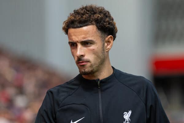 LIVERPOOL, ENGLAND - Saturday, August 19, 2023: Liverpool's injured Curtis Jones during the FA Premier League match between Liverpool FC and AFC Bournemouth at Anfield. Liverpool won 3-1. (Pic by David Rawcliffe/Propaganda)