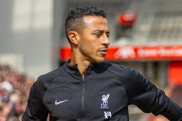 LIVERPOOL, ENGLAND - Saturday, August 19, 2023: Liverpool's Thiago Alcântara (L) and John Powell during the FA Premier League match between Liverpool FC and AFC Bournemouth at Anfield. Liverpool won 3-1. (Pic by David Rawcliffe/Propaganda)