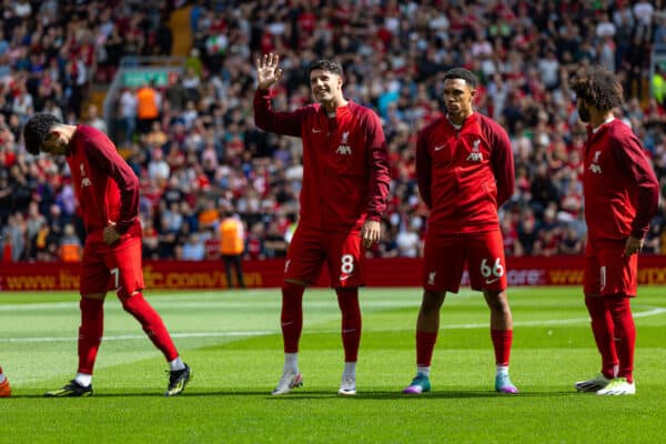 LIVERPOOL, ENGLAND - Saturday, August 19, 2023: Liverpool's Dominik Szoboszlai lines-up before during the FA Premier League match between Liverpool FC and AFC Bournemouth at Anfield. Liverpool won 3-1. (Pic by David Rawcliffe/Propaganda)