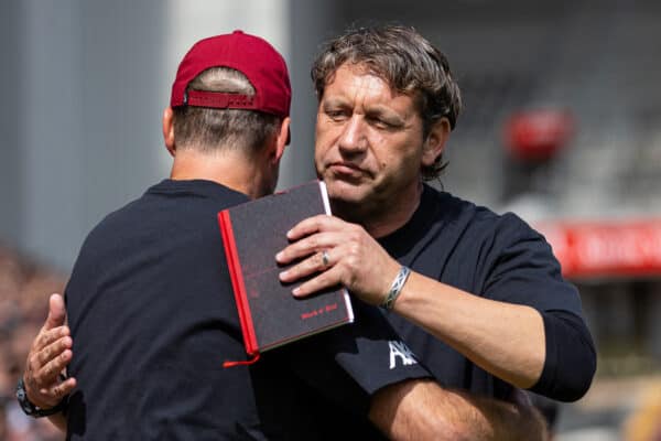 LIVERPOOL, ENGLAND - Saturday, August 19, 2023: Liverpool's assistant manager Peter Krawietz (R) embraces manager Jürgen Klopp before the FA Premier League match between Liverpool FC and AFC Bournemouth at Anfield. Liverpool won 3-1. (Pic by David Rawcliffe/Propaganda)