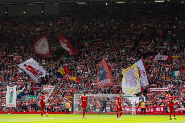 LIVERPOOL, ENGLAND - Saturday, August 19, 2023: Liverpool supporters on the Spion Kop before the FA Premier League match between Liverpool FC and AFC Bournemouth at Anfield. Liverpool won 3-1. (Pic by David Rawcliffe/Propaganda)