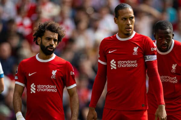 LIVERPOOL, ENGLAND - Saturday, August 19, 2023: Liverpool's Mohamed Salah, captain Virgil van Dijk and Ibrahima Konaté during the FA Premier League match between Liverpool FC and AFC Bournemouth at Anfield. Liverpool won 3-1. (Pic by David Rawcliffe/Propaganda)