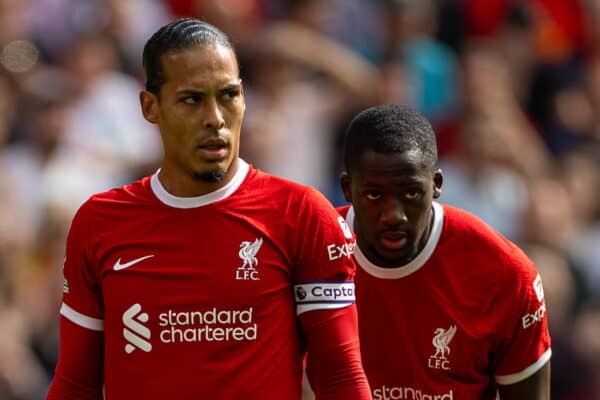 LIVERPOOL, ENGLAND - Saturday, August 19, 2023: Liverpool's Mohamed Salah, captain Virgil van Dijk and Ibrahima Konaté during the FA Premier League match between Liverpool FC and AFC Bournemouth at Anfield. Liverpool won 3-1. (Pic by David Rawcliffe/Propaganda)