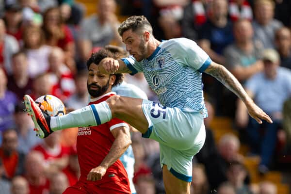 LIVERPOOL, ENGLAND - Saturday, August 19, 2023: Liverpool's Mohamed Salah (L) and Bournemouth's Marcos Senesi during the FA Premier League match between Liverpool FC and AFC Bournemouth at Anfield. Liverpool won 3-1. (Pic by David Rawcliffe/Propaganda)