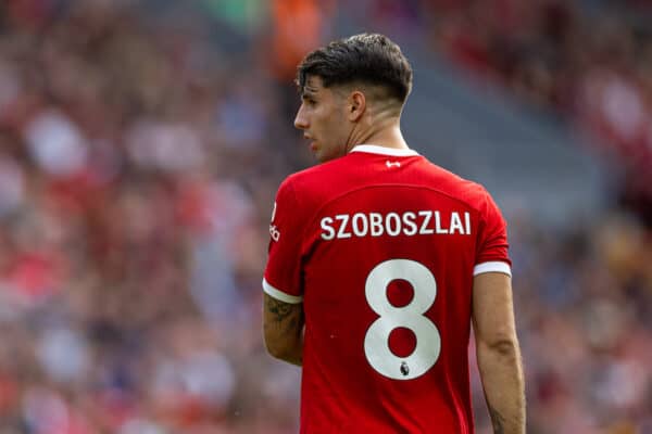 LIVERPOOL, ENGLAND - Saturday, August 19, 2023: Liverpool's Dominik Szoboszlai during the FA Premier League match between Liverpool FC and AFC Bournemouth at Anfield. Liverpool won 3-1. (Pic by David Rawcliffe/Propaganda)