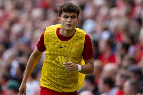 LIVERPOOL, ENGLAND - Saturday, August 19, 2023: Liverpool's substitute Stefan Bajcetic warms-up during the FA Premier League match between Liverpool FC and AFC Bournemouth at Anfield. Liverpool won 3-1. (Pic by David Rawcliffe/Propaganda)