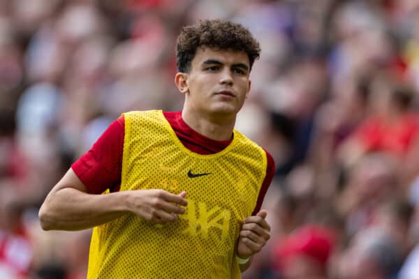 LIVERPOOL, ENGLAND - Saturday, August 19, 2023: Liverpool's substitute Stefan Bajcetic warms-up during the FA Premier League match between Liverpool FC and AFC Bournemouth at Anfield. Liverpool won 3-1. (Pic by David Rawcliffe/Propaganda)