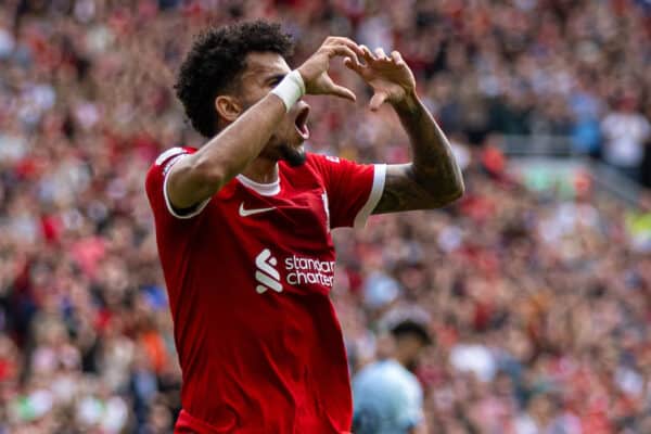LIVERPOOL, ENGLAND - Saturday, August 19, 2023: Liverpool's Luis Díaz celebrates after scoring the opening goal during the FA Premier League match between Liverpool FC and AFC Bournemouth at Anfield. Liverpool won 3-1. (Pic by David Rawcliffe/Propaganda)