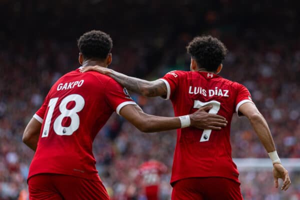 LIVERPOOL, ENGLAND - Saturday, August 19, 2023: Liverpool's Luis Díaz (R) celebrates with team-mate Cody Gakpo after scoring the opening goal during the FA Premier League match between Liverpool FC and AFC Bournemouth at Anfield. Liverpool won 3-1. (Pic by David Rawcliffe/Propaganda)