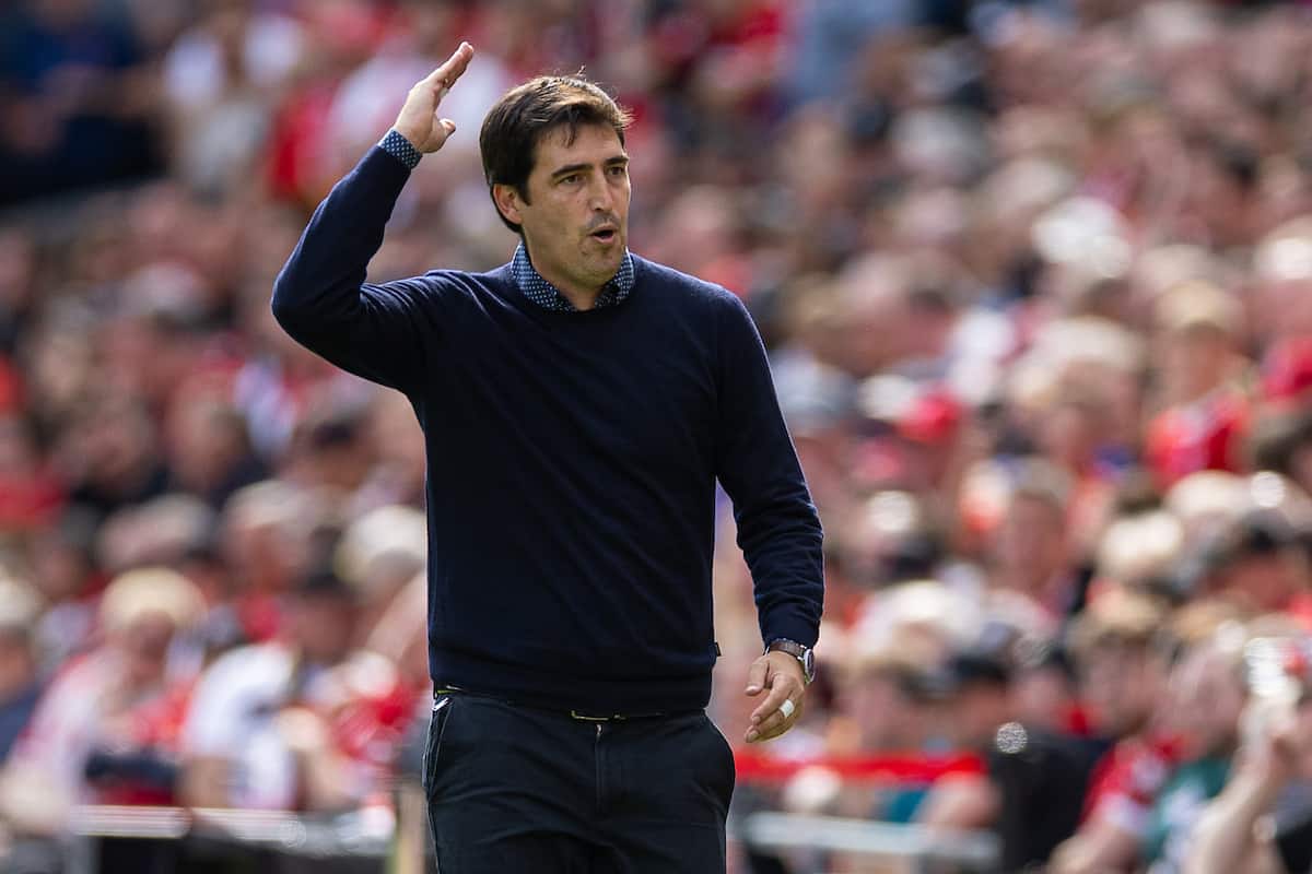 LIVERPOOL, ENGLAND - Saturday, August 19, 2023: Bournemouth's manager Andoni Iraola during the FA Premier League match between Liverpool FC and AFC Bournemouth at Anfield. Liverpool won 3-1. (Pic by David Rawcliffe/Propaganda)