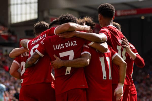 LIVERPOOL, ENGLAND - Saturday, August 19, 2023: Liverpool's Mohamed Salah (#11) celebrates with team-mates after scoring the second goal after his penalty kick was saved during the FA Premier League match between Liverpool FC and AFC Bournemouth at Anfield. Liverpool won 3-1. (Pic by David Rawcliffe/Propaganda)