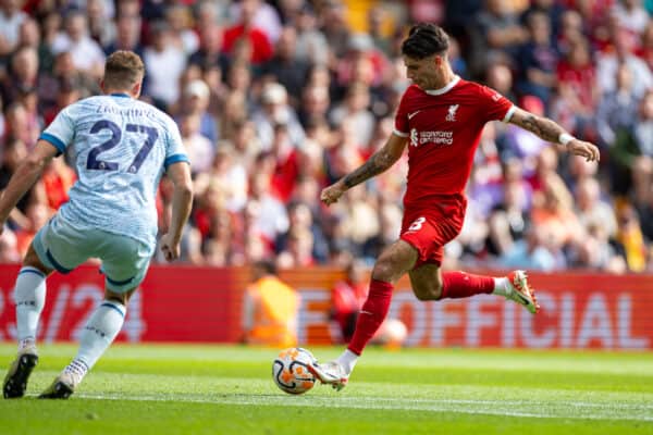 LIVERPOOL, ENGLAND - Saturday, August 19, 2023: Liverpool's Dominik Szoboszlai during the FA Premier League match between Liverpool FC and AFC Bournemouth at Anfield. Liverpool won 3-1. (Pic by David Rawcliffe/Propaganda)