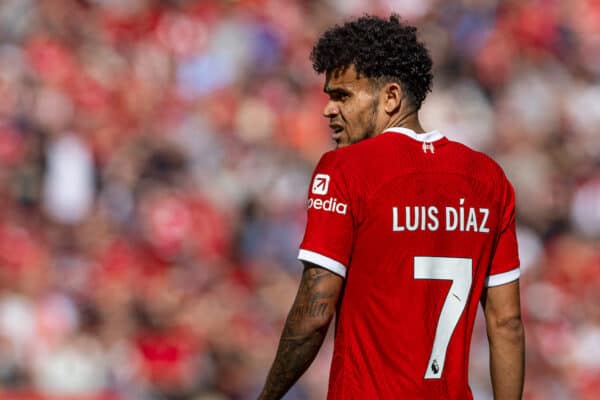 LIVERPOOL, ENGLAND - Saturday, August 19, 2023: Liverpool's Luis Díaz during the FA Premier League match between Liverpool FC and AFC Bournemouth at Anfield. Liverpool won 3-1. (Pic by David Rawcliffe/Propaganda)