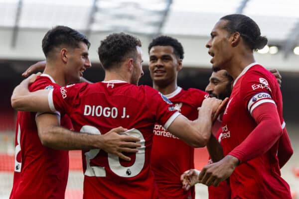 LIVERPOOL, ENGLAND - Saturday, August 19, 2023: Liverpool's Diogo Jota (#2-) celebrates with team-mates after scoring the third goal during the FA Premier League match between Liverpool FC and AFC Bournemouth at Anfield. Liverpool won 3-1. (Pic by David Rawcliffe/Propaganda)