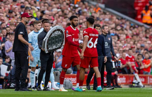 LIVERPOOL, ENGLAND - Saturday, August 19, 2023: Liverpool's substitute Joe Gomez replaces Trent Alexander-Arnold during the FA Premier League match between Liverpool FC and AFC Bournemouth at Anfield. Liverpool won 3-1. (Pic by David Rawcliffe/Propaganda)