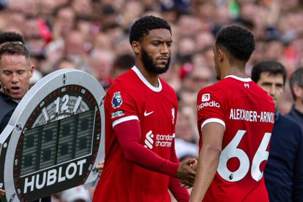 LIVERPOOL, ENGLAND - Saturday, August 19, 2023: Liverpool's substitute Joe Gomez replaces Trent Alexander-Arnold during the FA Premier League match between Liverpool FC and AFC Bournemouth at Anfield. Liverpool won 3-1. (Pic by David Rawcliffe/Propaganda)