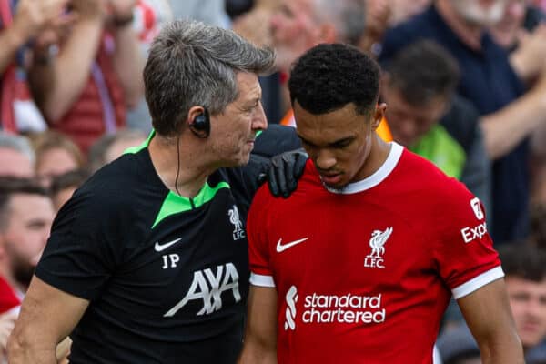 LIVERPOOL, ENGLAND - Saturday, August 19, 2023: Liverpool's Trent Alexander-Arnold goes off with an injury during the FA Premier League match between Liverpool FC and AFC Bournemouth at Anfield. Liverpool won 3-1. (Pic by David Rawcliffe/Propaganda)