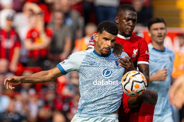 LIVERPOOL, ENGLAND - Saturday, August 19, 2023: Liverpool's Ibrahima Konaté challenges Bournemouth's Dominic Solanke during the FA Premier League match between Liverpool FC and AFC Bournemouth at Anfield. Liverpool won 3-1. (Pic by David Rawcliffe/Propaganda)