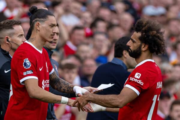 LIVERPOOL, ENGLAND - Saturday, August 19, 2023: Liverpool's Mohamed Salah is replaced by Darwin Núñez as he is substituted during the FA Premier League match between Liverpool FC and AFC Bournemouth at Anfield. Liverpool won 3-1. (Pic by David Rawcliffe/Propaganda)