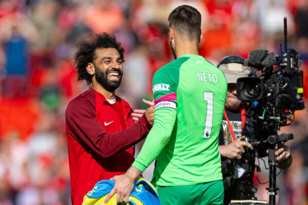 LIVERPOOL, ENGLAND - Saturday, August 19, 2023: Liverpool's Mohamed Salah shakes hands with Bournemouth's goalkeeper Norberto Murara Neto after the FA Premier League match between Liverpool FC and AFC Bournemouth at Anfield. Liverpool won 3-1. (Pic by David Rawcliffe/Propaganda)