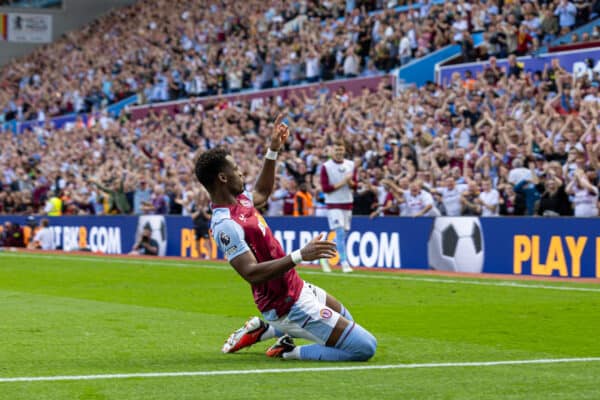 BIRMINGHAM, ENGLAND - Sunday, August 20, 2023: Aston Villa's Jhon Durán celebrates after scoring the fourth goal during the FA Premier League match between Aston Villa FC and Everton FC at Villa Park. (Pic by David Rawcliffe/Propaganda)