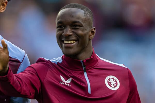 BIRMINGHAM, ENGLAND - Sunday, August 20, 2023: Aston Villa's Boubacar Kamara (L) and Moussa Diaby celebrate after the FA Premier League match between Aston Villa FC and Everton FC at Villa Park. Villa won 4-0. (Pic by David Rawcliffe/Propaganda)