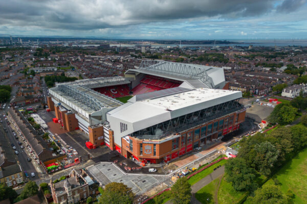 LIVERPOOL, ENGLAND - Tuesday, August 22, 2023: An aerial view of Anfield, the home stadium of Liverpool Football Club, showing the redevelopment of the Anfield Road expansion. The redevelopment of the stand was halted after the main contractor Buckingham Group filed for administration. (Pic by David Rawcliffe/Propaganda)