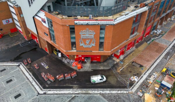 LIVERPOOL, ENGLAND - Tuesday, August 22, 2023: An aerial view of Anfield, the home stadium of Liverpool Football Club, showing the redevelopment of the Anfield Road expansion. The redevelopment of the stand was halted after the main contractor Buckingham Group filed for administration. (Pic by David Rawcliffe/Propaganda)