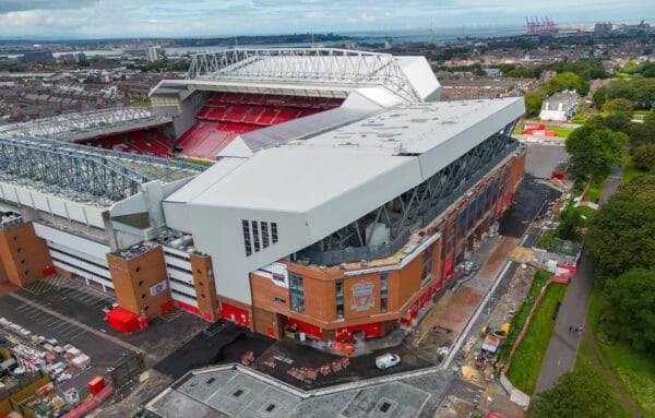 LIVERPOOL, ENGLAND - Tuesday, August 22, 2023: An aerial view of Anfield, the home stadium of Liverpool Football Club, showing the redevelopment of the Anfield Road expansion. The redevelopment of the stand was halted after the main contractor Buckingham Group filed for administration. (Pic by David Rawcliffe/Propaganda)