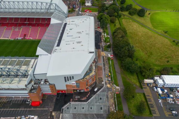 LIVERPOOL, ENGLAND - Tuesday, August 22, 2023: An aerial view of Anfield, the home stadium of Liverpool Football Club, showing the redevelopment of the Anfield Road expansion. The redevelopment of the stand was halted after the main contractor Buckingham Group filed for administration. (Pic by David Rawcliffe/Propaganda)