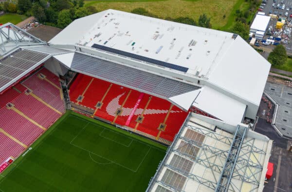 LIVERPOOL, ENGLAND - Tuesday, August 22, 2023: An aerial view of Anfield, the home stadium of Liverpool Football Club, showing the redevelopment of the Anfield Road expansion. The redevelopment of the stand was halted after the main contractor Buckingham Group filed for administration. (Pic by David Rawcliffe/Propaganda)