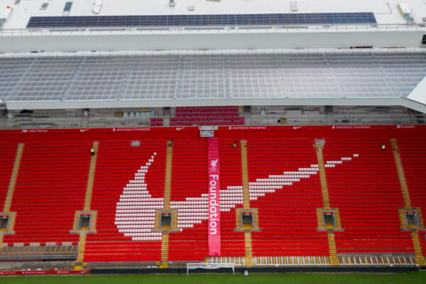 LIVERPOOL, ENGLAND - Tuesday, August 22, 2023: An aerial view of Anfield, the home stadium of Liverpool Football Club, showing the redevelopment of the Anfield Road expansion. The redevelopment of the stand was halted after the main contractor Buckingham Group filed for administration. (Pic by David Rawcliffe/Propaganda)