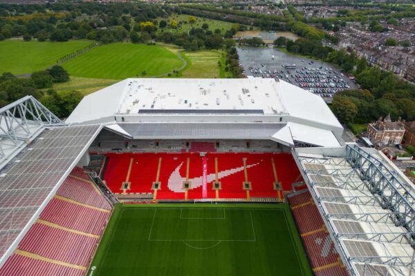 LIVERPOOL, ENGLAND - Tuesday, August 22, 2023: An aerial view of Anfield, the home stadium of Liverpool Football Club, showing the redevelopment of the Anfield Road expansion. The redevelopment of the stand was halted after the main contractor Buckingham Group filed for administration. (Pic by David Rawcliffe/Propaganda)