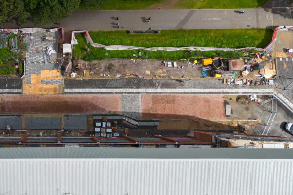 LIVERPOOL, ENGLAND - Tuesday, August 22, 2023: An aerial view of Anfield, the home stadium of Liverpool Football Club, showing the redevelopment of the Anfield Road expansion. The redevelopment of the stand was halted after the main contractor Buckingham Group filed for administration. (Pic by David Rawcliffe/Propaganda)