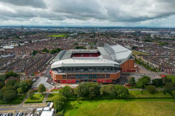 LIVERPOOL, ENGLAND - Tuesday, August 22, 2023: An aerial view of Anfield, the home stadium of Liverpool Football Club, showing the redevelopment of the Anfield Road expansion. The redevelopment of the stand was halted after the main contractor Buckingham Group filed for administration. (Pic by David Rawcliffe/Propaganda)