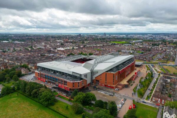 LIVERPOOL, ENGLAND - Tuesday, August 22, 2023: An aerial view of Anfield, the home stadium of Liverpool Football Club, showing the redevelopment of the Anfield Road expansion. The redevelopment of the stand was halted after the main contractor Buckingham Group filed for administration. (Pic by David Rawcliffe/Propaganda)