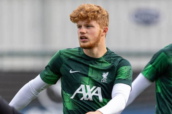 SOUTHAMPTON, ENGLAND - Friday, August 25, 2023: Liverpool's Luca Stephenson during the pre-match warm-up before the Premier League 2 Division 1 match between Southampton FC Under-21's and Liverpool FC Under-21's at the Testwood Stadium. Liverpool won 3-0. (Pic by Robin Jones/Propaganda)