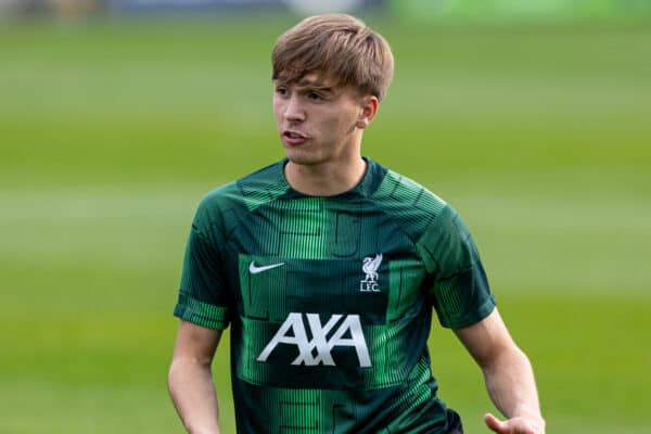 SOUTHAMPTON, ENGLAND - Friday, August 25, 2023: Liverpool's James Norris during the pre-match warm-up before the Premier League 2 Division 1 match between Southampton FC Under-21's and Liverpool FC Under-21's at the Testwood Stadium. Liverpool won 3-0. (Pic by Robin Jones/Propaganda)