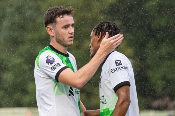 SOUTHAMPTON, ENGLAND - Friday, August 25, 2023: Liverpool's Thomas Hill (L) congratulates team-mate Melkamu Frauendorf after his shot was deflected by Southampton's Zach Awe for an own goal during the Premier League 2 Division 1 match between Southampton FC Under-21's and Liverpool FC Under-21's at the Testwood Stadium. Liverpool won 3-0. (Pic by Robin Jones/Propaganda)